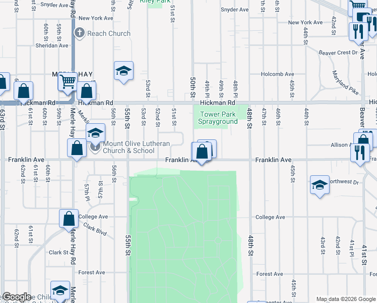map of restaurants, bars, coffee shops, grocery stores, and more near 5019 Franklin Avenue in Des Moines