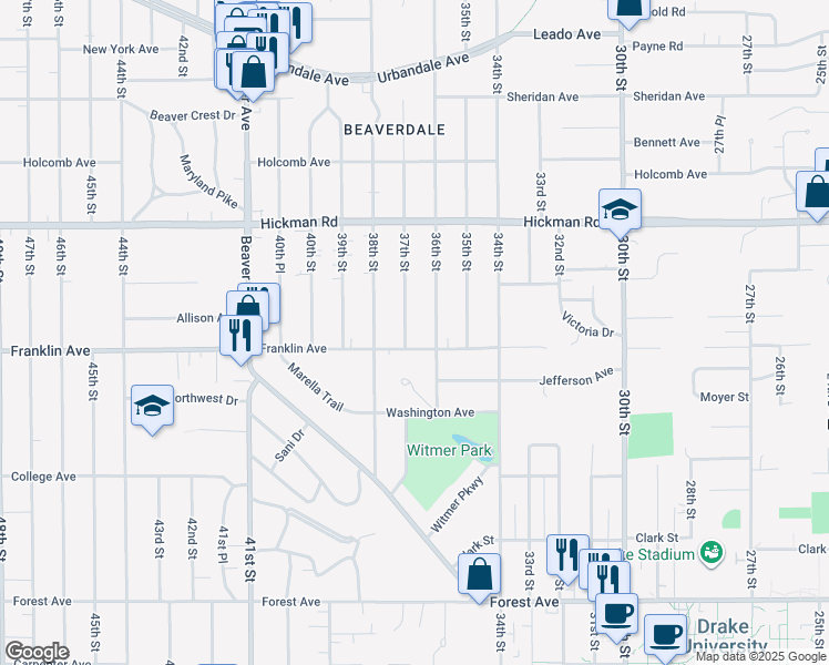 map of restaurants, bars, coffee shops, grocery stores, and more near 3601 Franklin Avenue in Des Moines