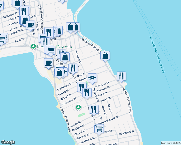 map of restaurants, bars, coffee shops, grocery stores, and more near 67 Rodney Street in New Bedford