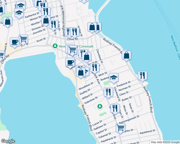map of restaurants, bars, coffee shops, grocery stores, and more near 83-85 Emma Street in New Bedford