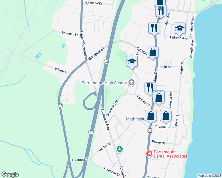 map of restaurants, bars, coffee shops, grocery stores, and more near Fall River Expressway in Portsmouth