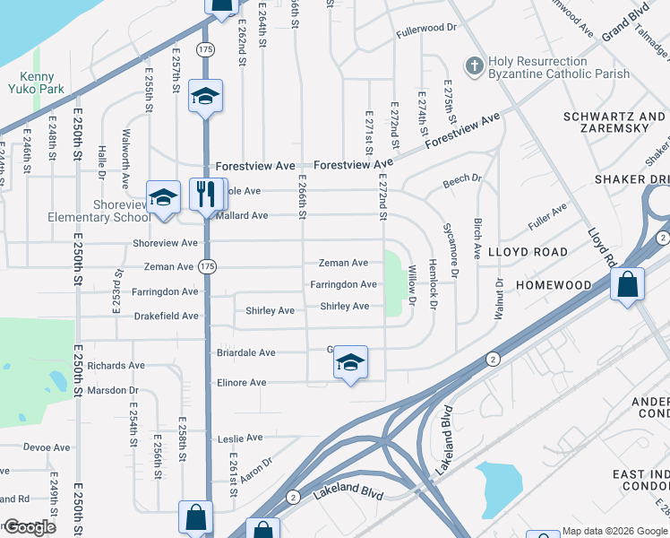 map of restaurants, bars, coffee shops, grocery stores, and more near 26951 Farringdon Avenue in Euclid