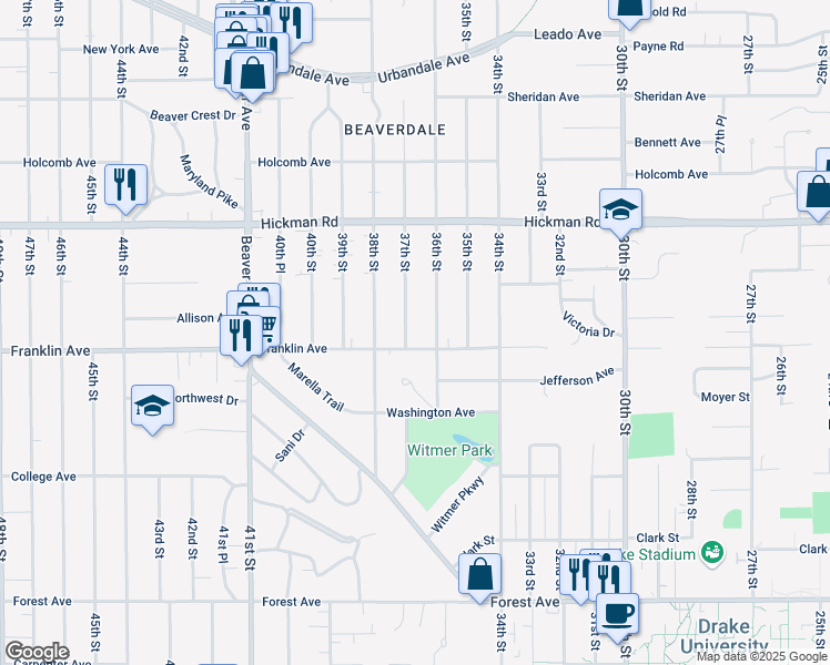 map of restaurants, bars, coffee shops, grocery stores, and more near 3601 Franklin Avenue in Des Moines