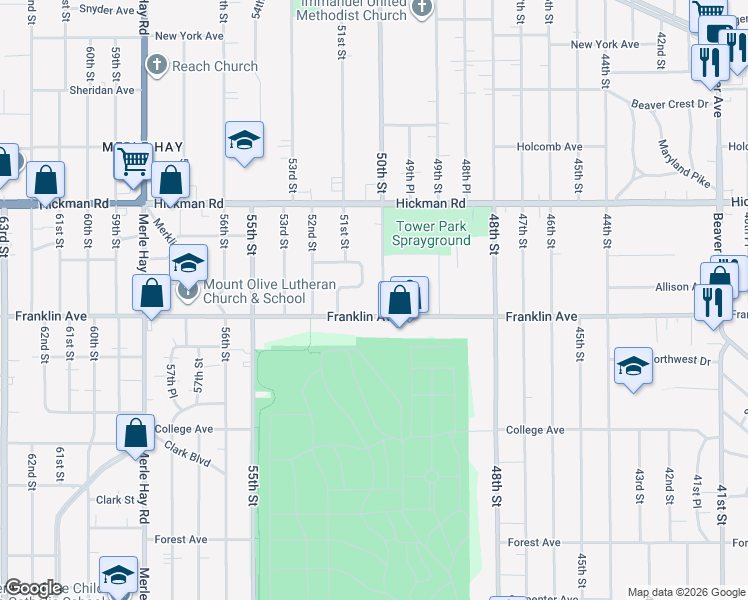 map of restaurants, bars, coffee shops, grocery stores, and more near 5019 Franklin Avenue in Des Moines