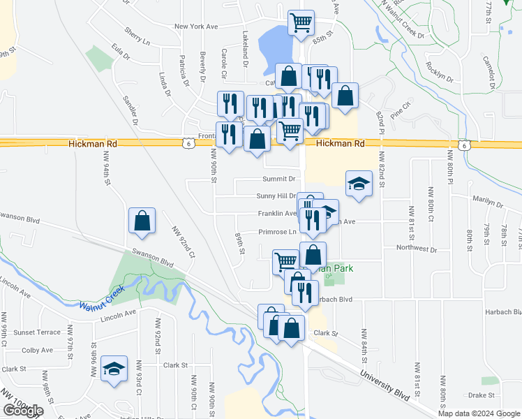 map of restaurants, bars, coffee shops, grocery stores, and more near 8789 Franklin Avenue in Clive