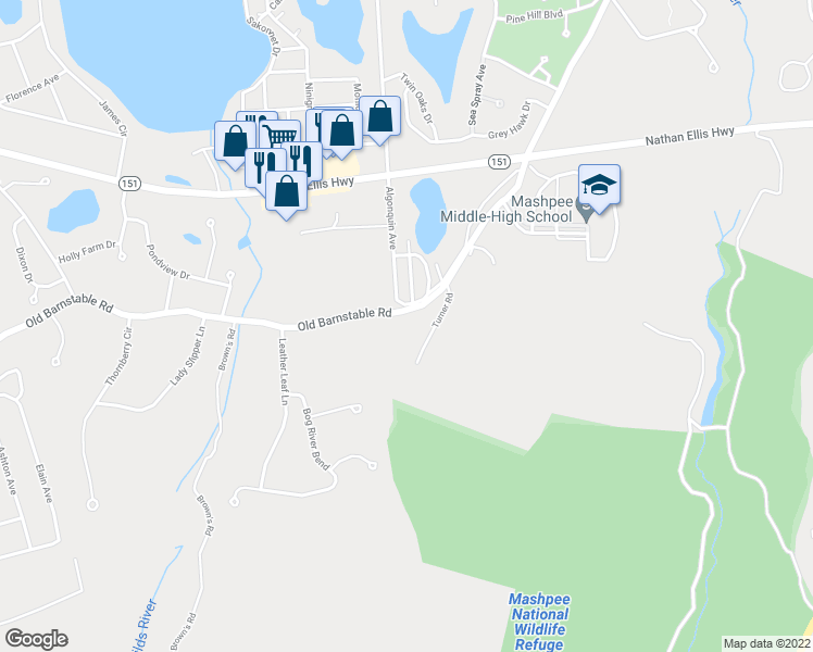map of restaurants, bars, coffee shops, grocery stores, and more near 614 Old Barnstable Road in Mashpee