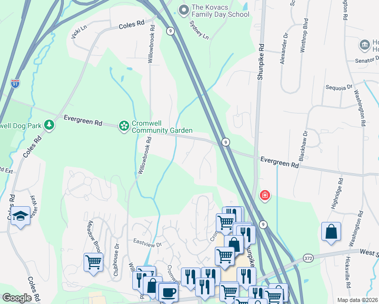map of restaurants, bars, coffee shops, grocery stores, and more near Capilos Drive in Cromwell