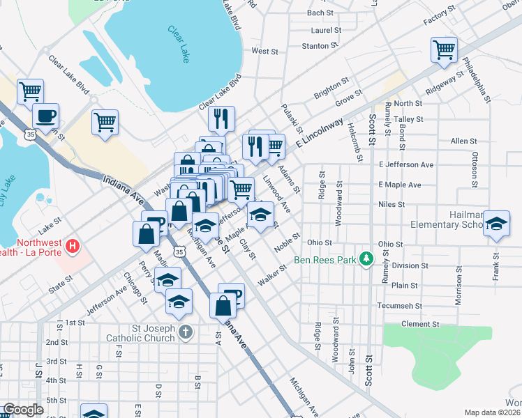 map of restaurants, bars, coffee shops, grocery stores, and more near 404 Maple Avenue in La Porte