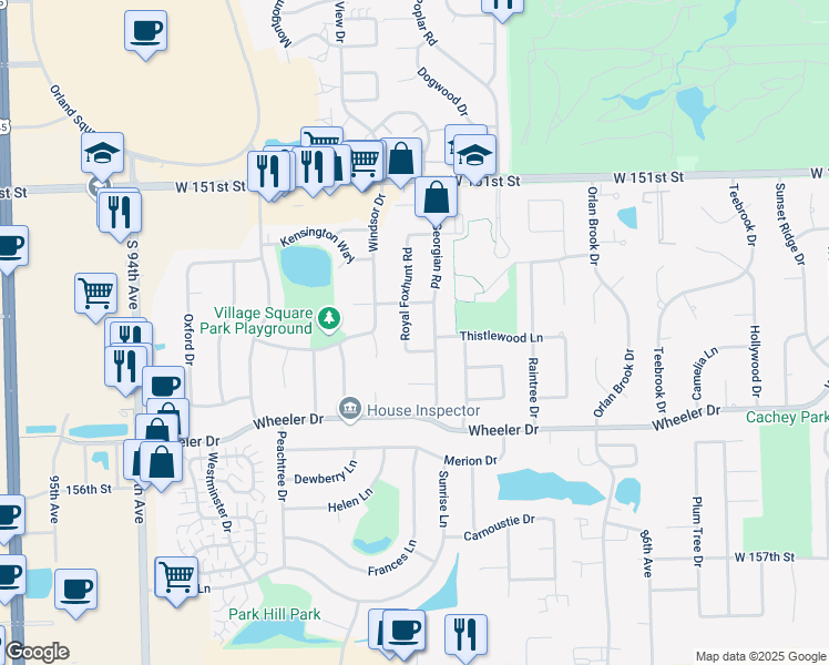 map of restaurants, bars, coffee shops, grocery stores, and more near 8930 Tally Ho Lane in Orland Park