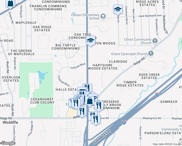 map of restaurants, bars, coffee shops, grocery stores, and more near 5701 Som Center Road in Willoughby