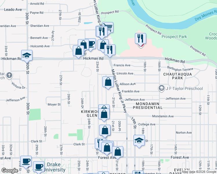 map of restaurants, bars, coffee shops, grocery stores, and more near 1909 22nd Street in Des Moines