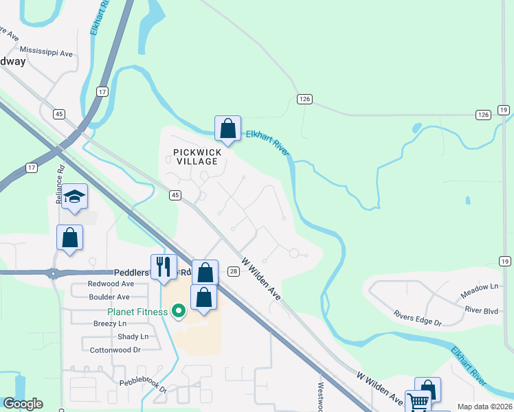 map of restaurants, bars, coffee shops, grocery stores, and more near 2004 West Saybrook Drive in Goshen