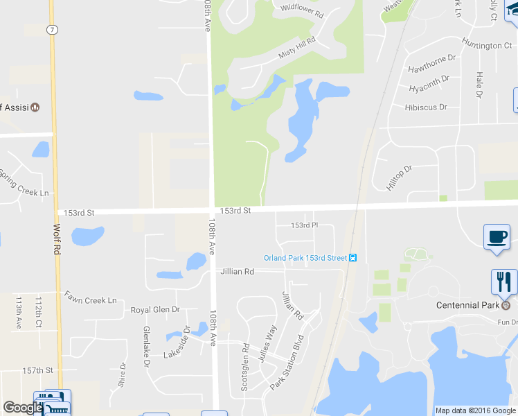 map of restaurants, bars, coffee shops, grocery stores, and more near 10655 West 153rd Street in Orland Park