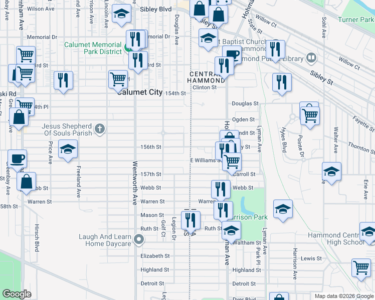 map of restaurants, bars, coffee shops, grocery stores, and more near 5 East Williams Street in Hammond