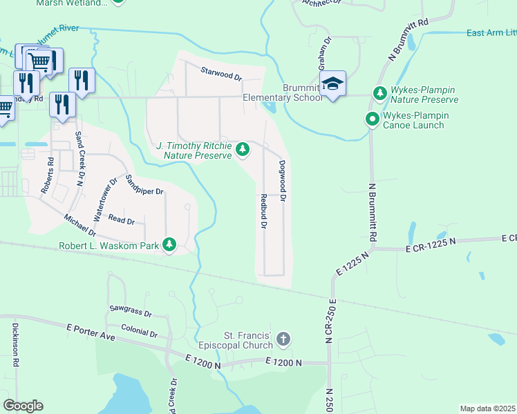 map of restaurants, bars, coffee shops, grocery stores, and more near 1214-1246 Redbud Drive in Chesterton