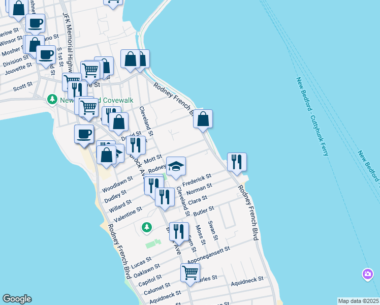 map of restaurants, bars, coffee shops, grocery stores, and more near 36 Rodney Street in New Bedford