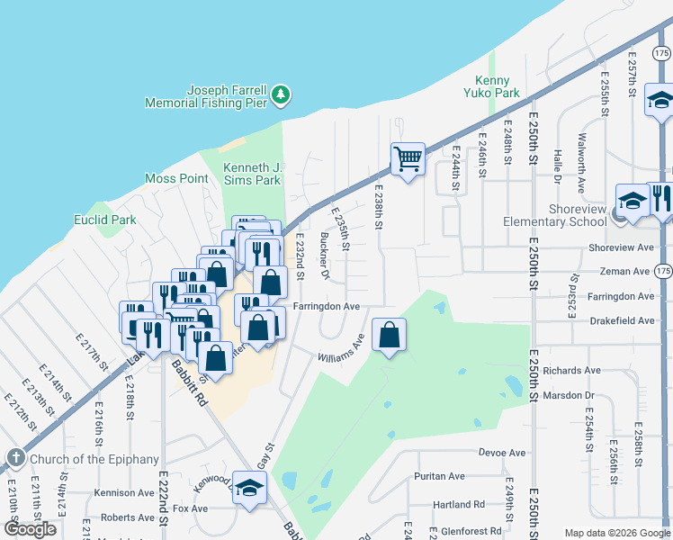 map of restaurants, bars, coffee shops, grocery stores, and more near 318 Buckner Drive in Euclid