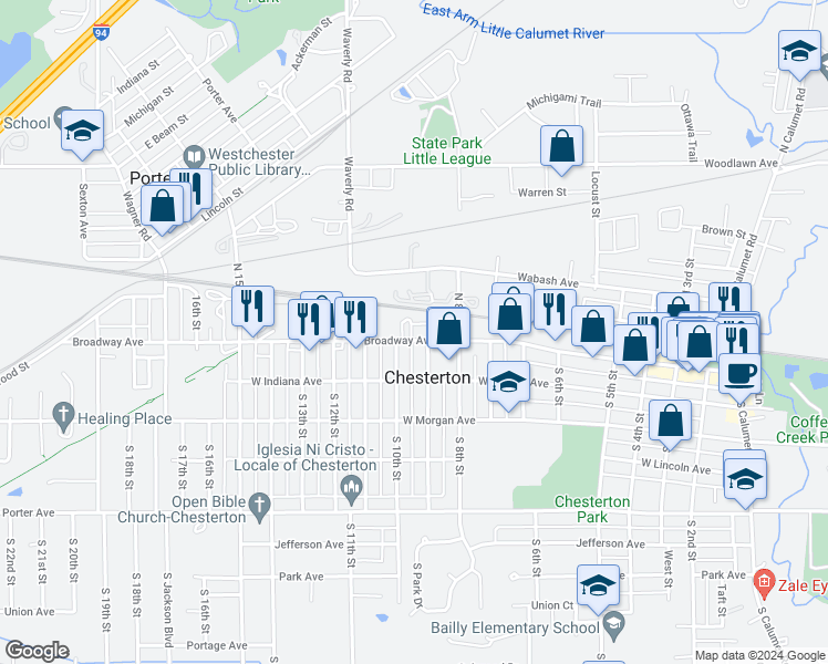 map of restaurants, bars, coffee shops, grocery stores, and more near 909 Broadway in Chesterton
