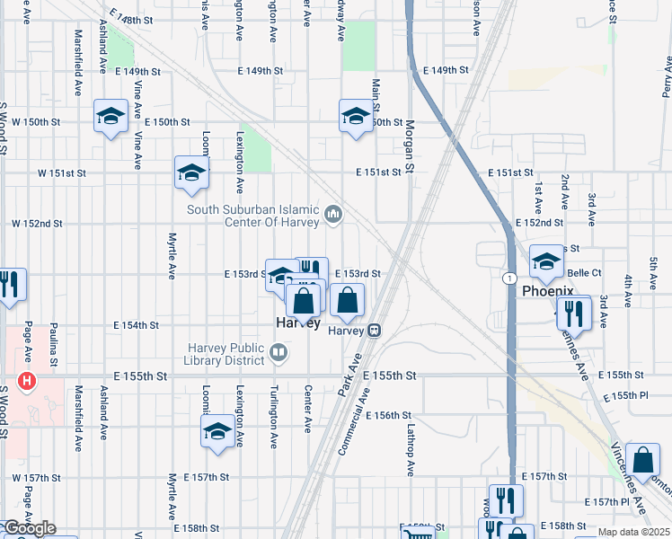 map of restaurants, bars, coffee shops, grocery stores, and more near 15308 Broadway Avenue in Harvey