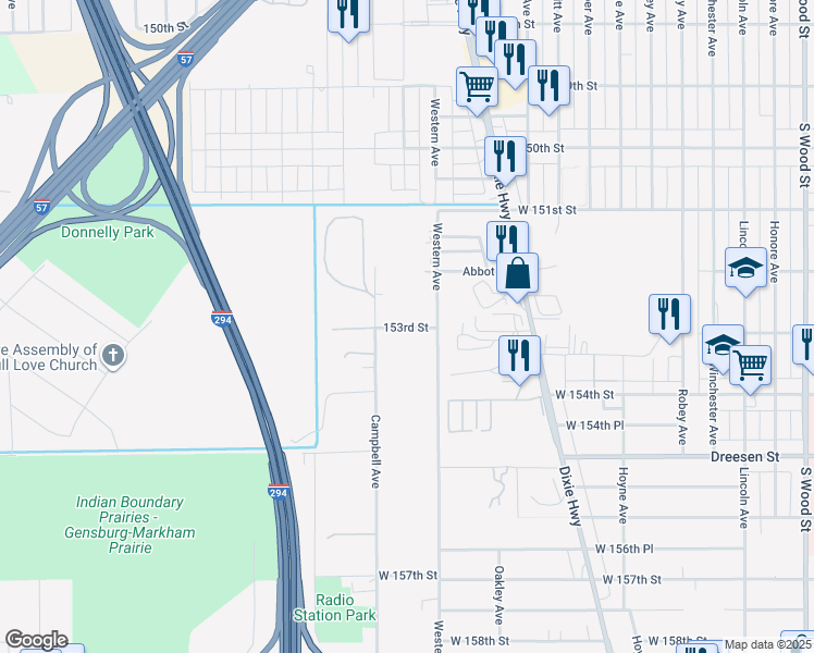 map of restaurants, bars, coffee shops, grocery stores, and more near 2514 West 153rd Street in Harvey