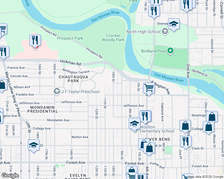 map of restaurants, bars, coffee shops, grocery stores, and more near 1017 Franklin Avenue in Des Moines
