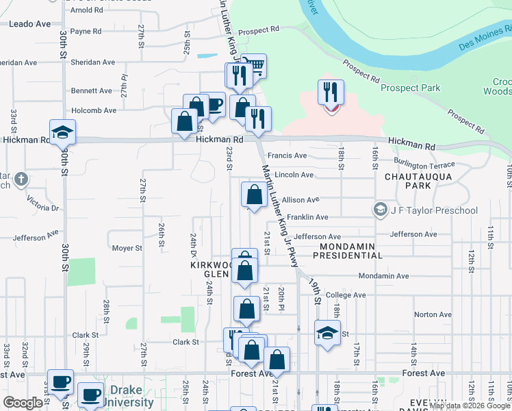 map of restaurants, bars, coffee shops, grocery stores, and more near 1909 22nd Street in Des Moines