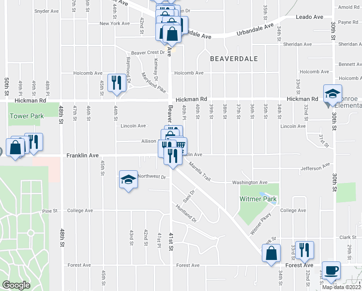 map of restaurants, bars, coffee shops, grocery stores, and more near 4025 Franklin Avenue in Des Moines