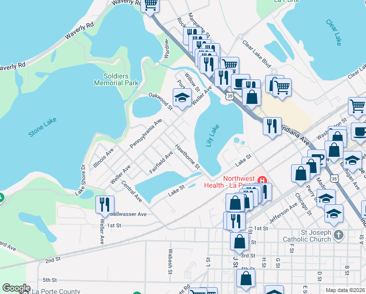 map of restaurants, bars, coffee shops, grocery stores, and more near 371 Hawthorne Street in La Porte