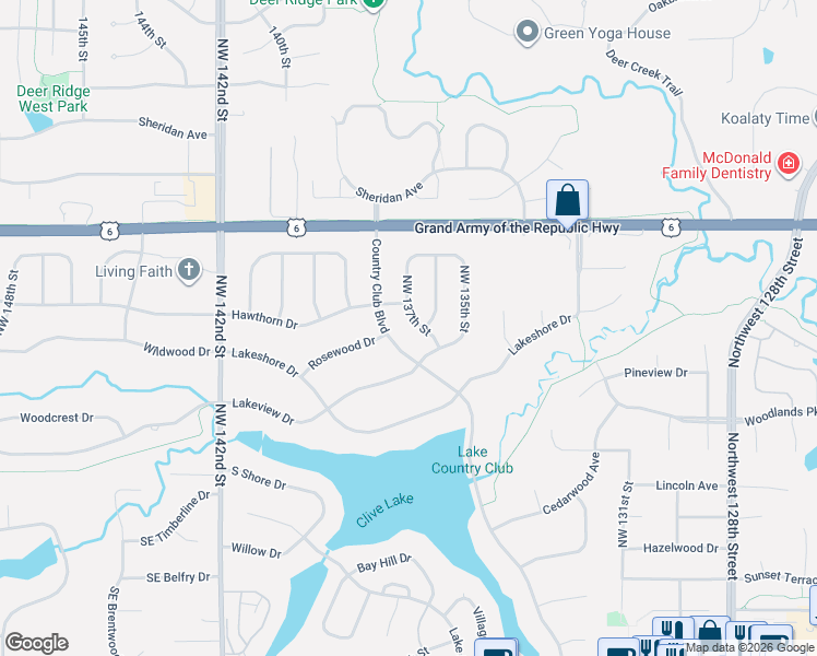 map of restaurants, bars, coffee shops, grocery stores, and more near 2043 Country Club Boulevard in Clive