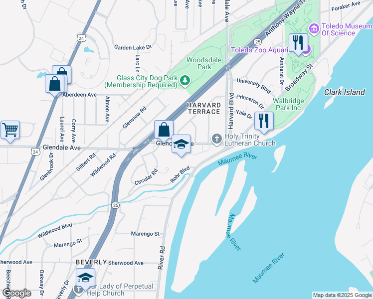 map of restaurants, bars, coffee shops, grocery stores, and more near 1917 Glendale Avenue in Toledo