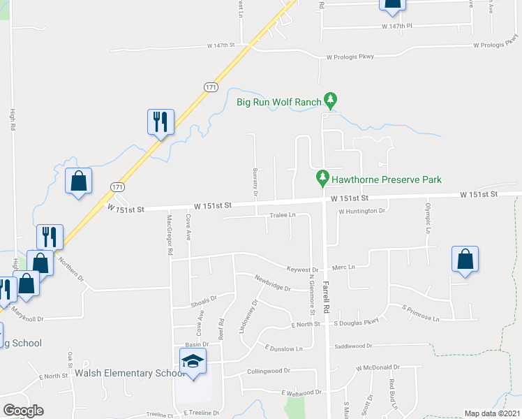 map of restaurants, bars, coffee shops, grocery stores, and more near 1044 Bunratty Drive in Lockport