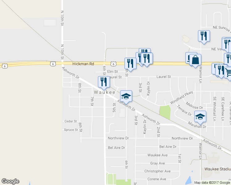 map of restaurants, bars, coffee shops, grocery stores, and more near 399 5th Street in Waukee