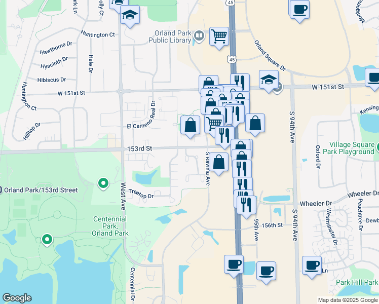 map of restaurants, bars, coffee shops, grocery stores, and more near 15321 Wilshire Drive in Orland Park