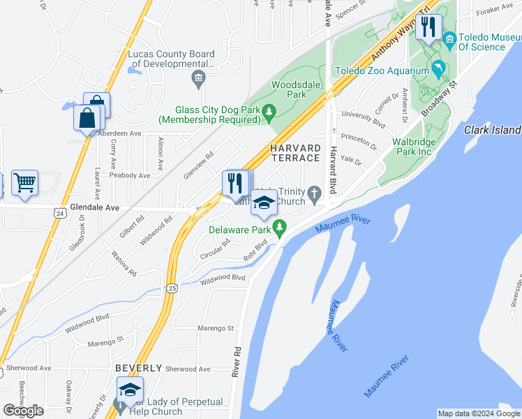 map of restaurants, bars, coffee shops, grocery stores, and more near 1935 Glendale Avenue in Toledo