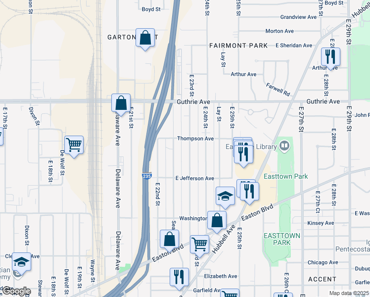 map of restaurants, bars, coffee shops, grocery stores, and more near 1913 Searle Street in Des Moines