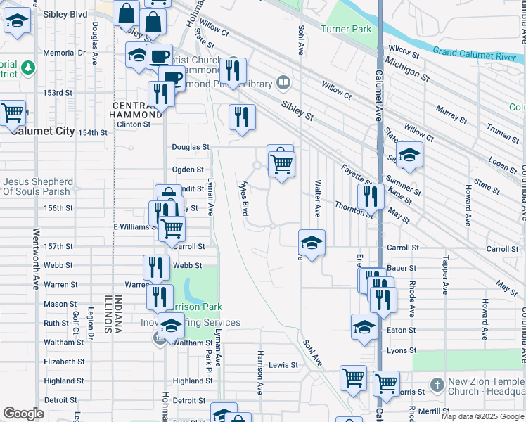 map of restaurants, bars, coffee shops, grocery stores, and more near 5630 Pointe Drive in Hammond