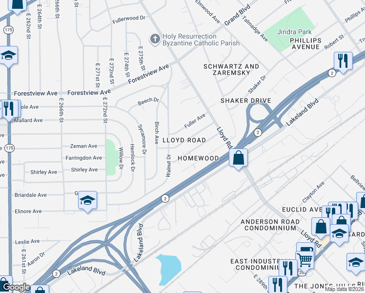 map of restaurants, bars, coffee shops, grocery stores, and more near 29017 Weber Avenue in Wickliffe