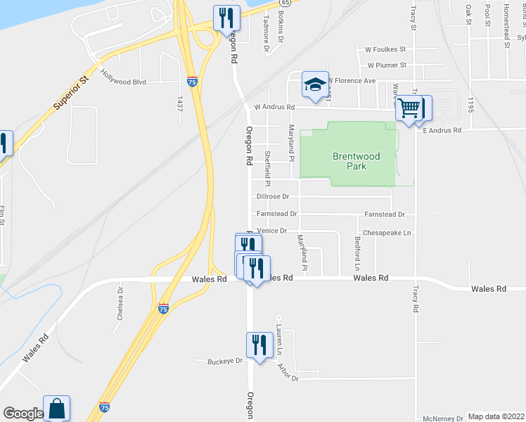 map of restaurants, bars, coffee shops, grocery stores, and more near 707 Oregon Road in Northwood