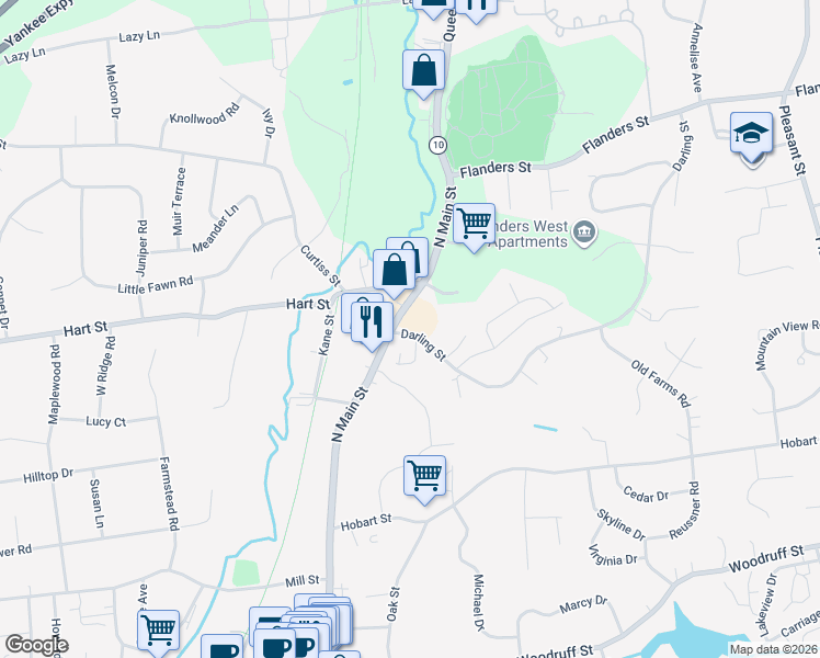map of restaurants, bars, coffee shops, grocery stores, and more near 23 Darling Street in Southington