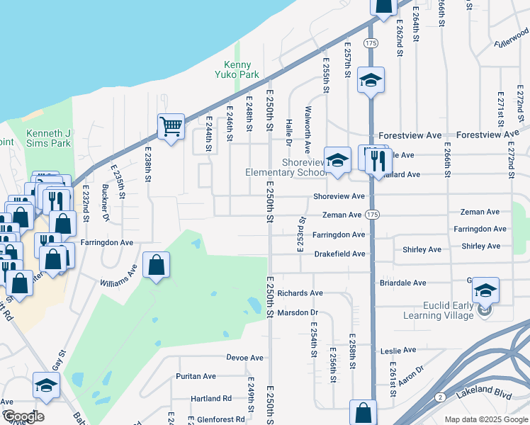 map of restaurants, bars, coffee shops, grocery stores, and more near 430 East 250th Street in Euclid