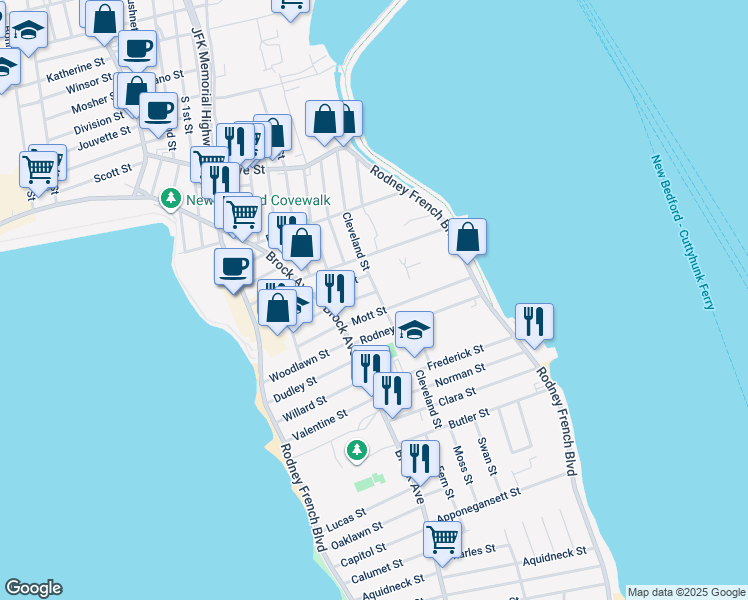 map of restaurants, bars, coffee shops, grocery stores, and more near 110 Mott Street in New Bedford