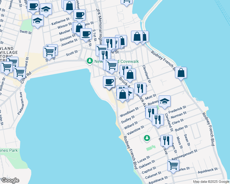 map of restaurants, bars, coffee shops, grocery stores, and more near 160 West Rodney French Boulevard in New Bedford