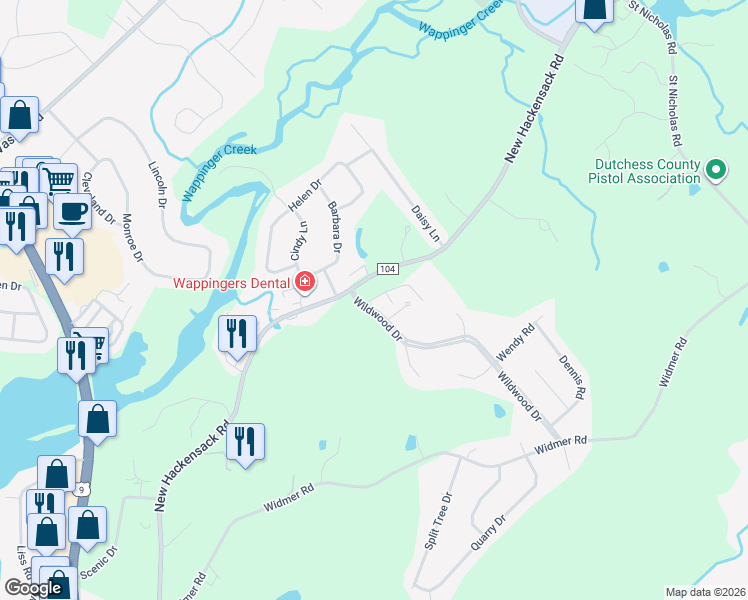 map of restaurants, bars, coffee shops, grocery stores, and more near 5 Wildwood Drive in Wappingers Falls