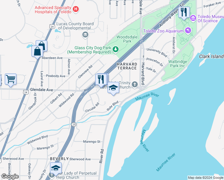map of restaurants, bars, coffee shops, grocery stores, and more near 1917 Glendale Avenue in Toledo