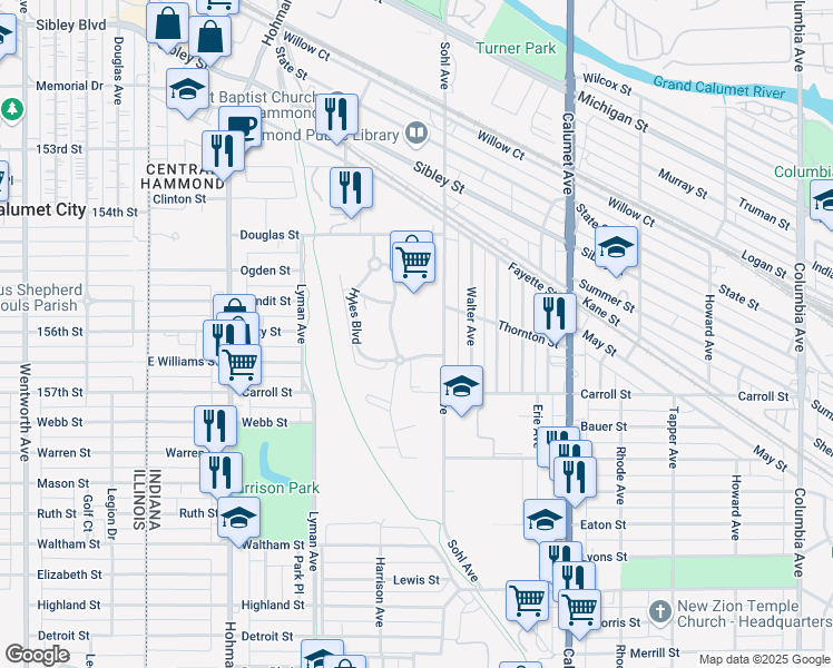 map of restaurants, bars, coffee shops, grocery stores, and more near 499-507 Hyles Court in Hammond
