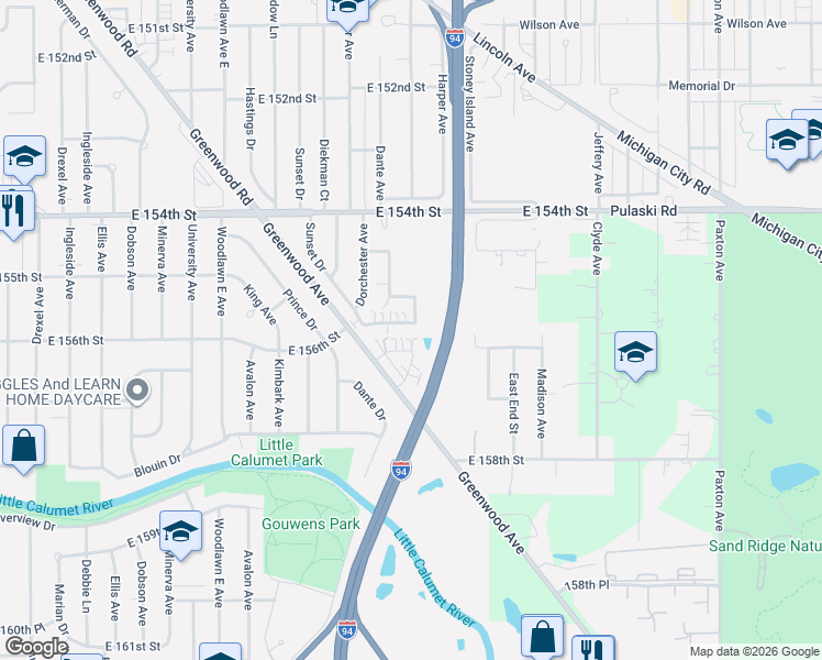 map of restaurants, bars, coffee shops, grocery stores, and more near 1449 Berg Drive in Dolton