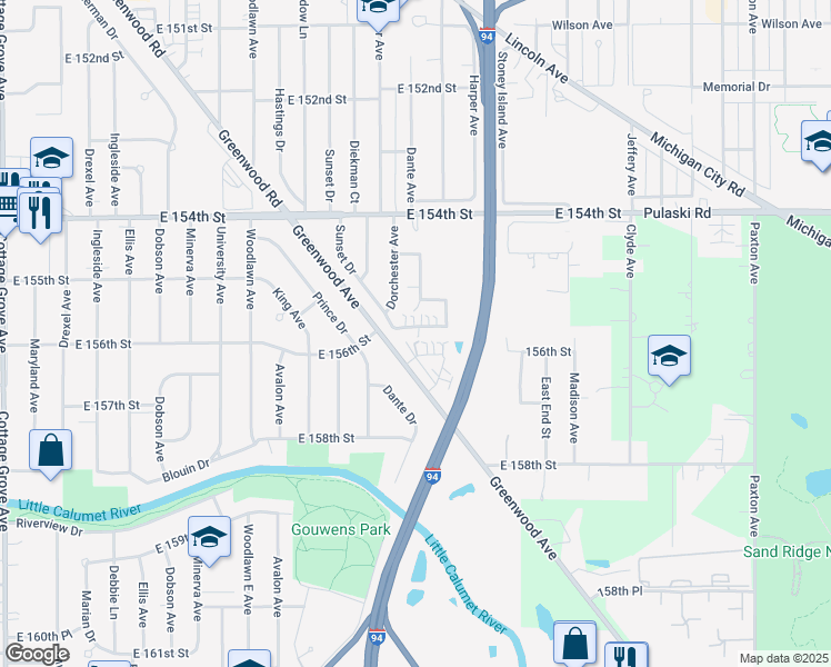 map of restaurants, bars, coffee shops, grocery stores, and more near 15613 Greenwood Road in Dolton