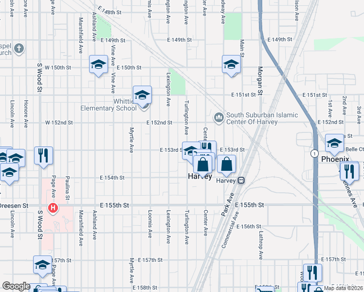 map of restaurants, bars, coffee shops, grocery stores, and more near 15304 Turlington Avenue in Harvey