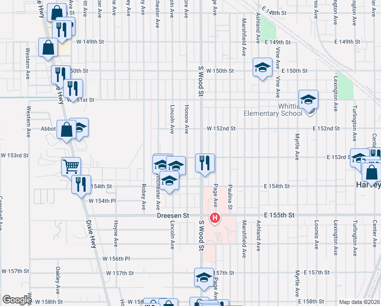 map of restaurants, bars, coffee shops, grocery stores, and more near 15305 Honore Avenue in Harvey