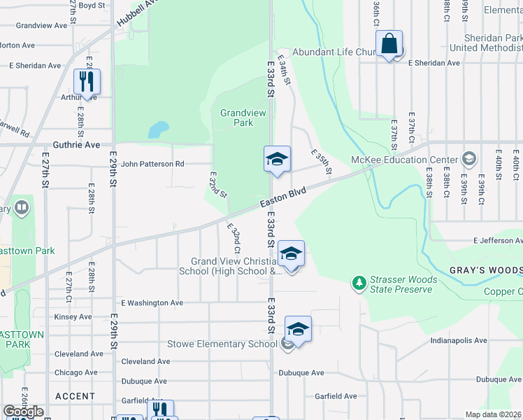 map of restaurants, bars, coffee shops, grocery stores, and more near 1922 East 33rd Street in Des Moines